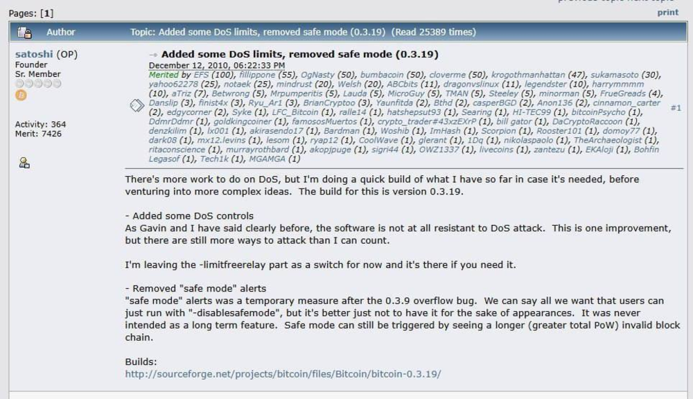 Satoshi Nakamoto's last post on bitcointalk